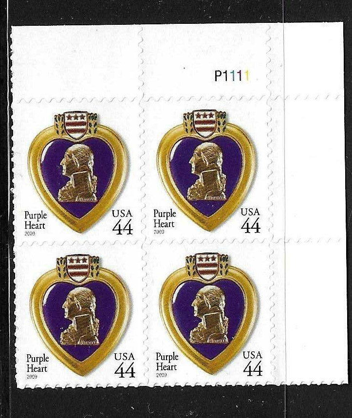 USA SC # 4390 Purple Hearth , BLK4 Plate Number . MNH