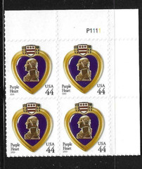 USA SC # 4390 Purple Hearth , BLK4 Plate Number . MNH