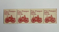 SCOTT #1908 FIRE PUMPER 1860s 20¢ – PL#7 – STRIP OF FOUR STAMPS – COLOR ERROR