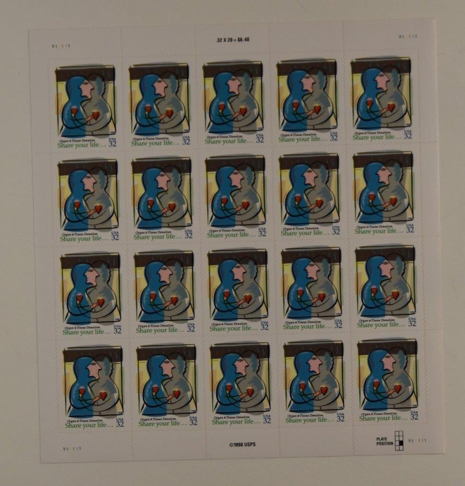 US SCOTT 3227 SHEET OF 20 ORGAN DONATION STAMPS 32 CENT FACE MNH
