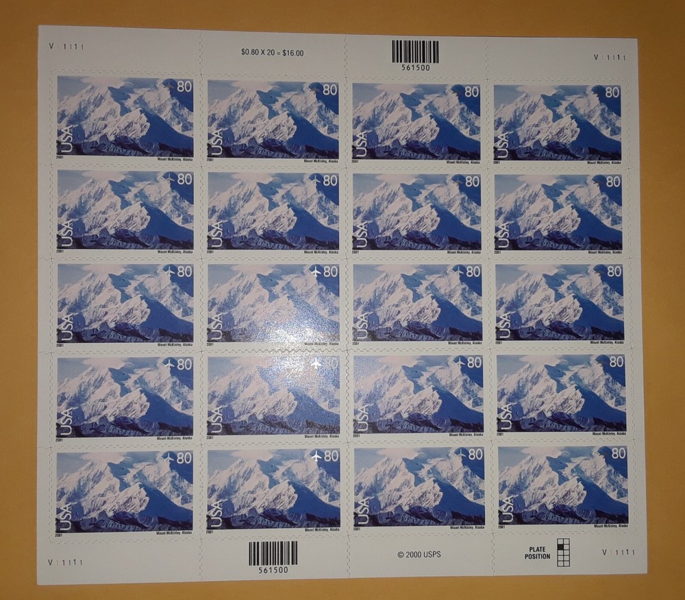 One Full Sheet x 20 of 80¢ Mount MT McKINLEY (Denali) US Stamps. USA Sc # C137