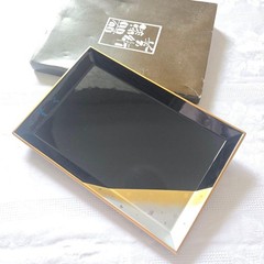 Showa Retro Art Lacquerware Rectangular Tray Black Gold Silver Maki-e Style
