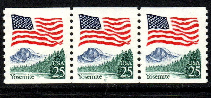 U.S. Stamps 25¢ Flag/Yosemite Park – Plate #2 Coil Strip of 5 MNH Stamps SC#2280