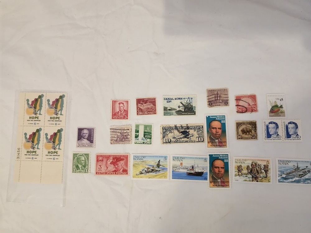 25 VINTAGE STAMP LOT Falkland Islands «Canal Zone» NRA James Weldon Chennault