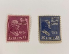 William McKinley Theodore Roosevelt 25 30 cent red & blue stamp #829, 830 M2916