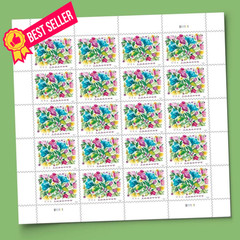 United States Postal 20 Stamps, red, yellow, purple, pink, green, blue