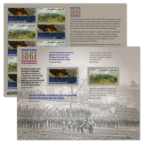 The Civil War -1861 Commemorative Stamps -2011 Issue -12 Stamps – Souvenir Sheet