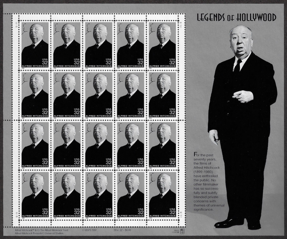US Stamps, Full Pane of 20,ALFRED HITCHOCK-LEGENDS HOLLYWOD, #3226, MNH