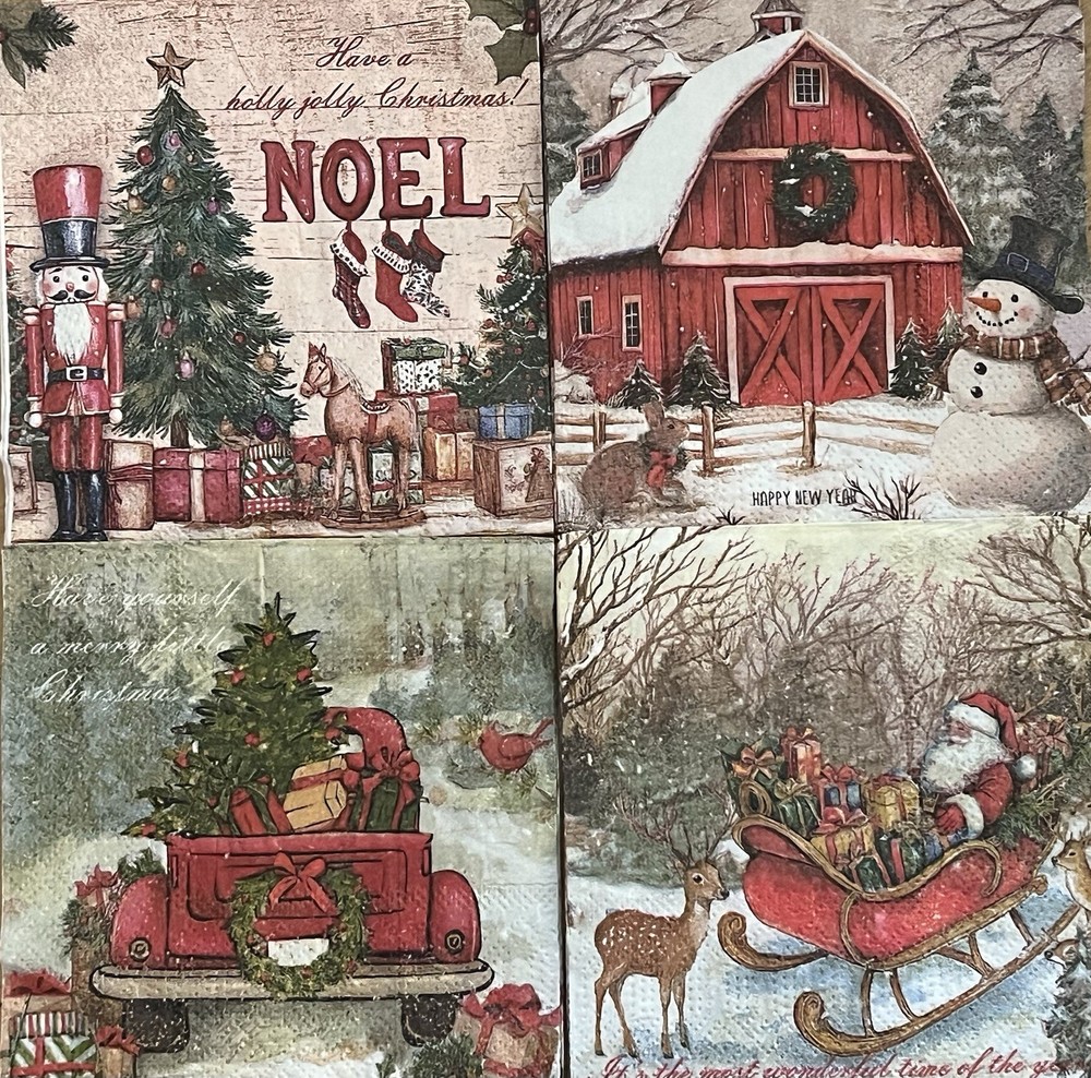 FOUR Paper BEVERAGE Decoupage Art Craft Napkins Christmas Truck/sleigh/Santa 5×5