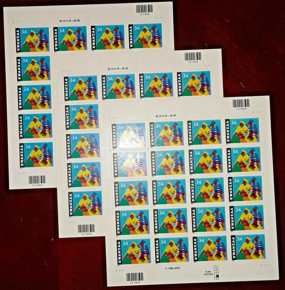 Three Panes x 20 = 60 of KWANZAA 34¢ African-American Holiday US Stamps USA 3548