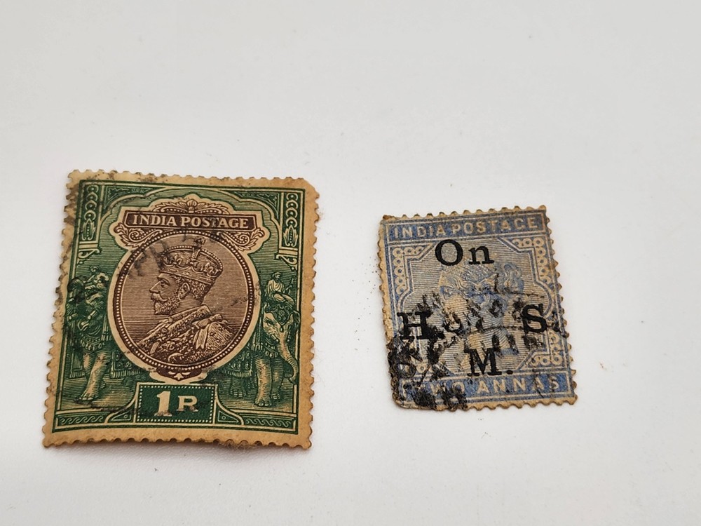 Lot Of (2) British India Travel Stamps 1 Rupee 2 Annas HMS handstamped
