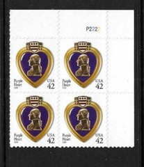 USA SC # 4264 Purple Heart , BLK4 Plate number . MNH