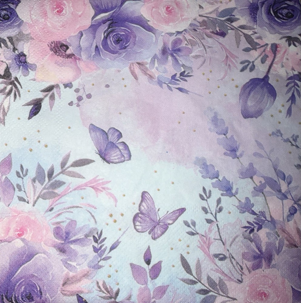 Three LUNCHEON Decoupage Napkin Butterfly Watercolor Pink Purple Flowers 6.5”