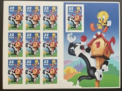 USA 32 Cent Tweety Bird & Sylvester Bugs Bunny Postage Stamps, Full Sheet of 10