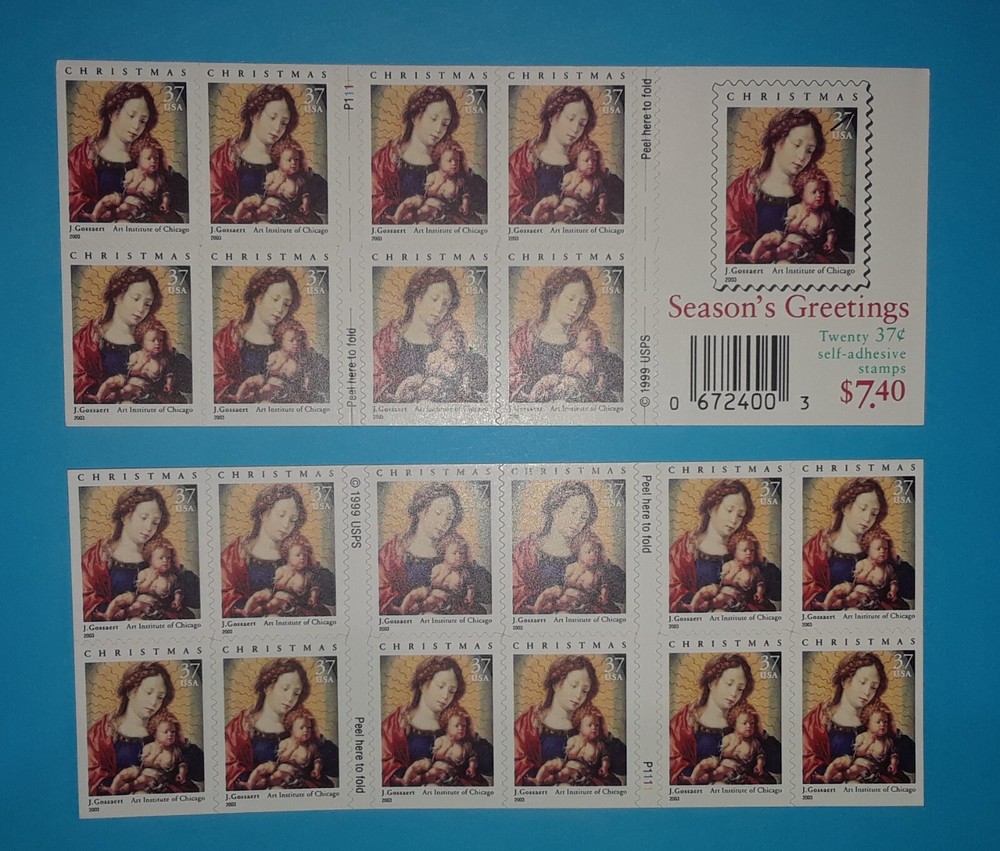 Two Booklets x 20 = 40 of MADONNA & CHILD by Gossaert 37¢ US Stamps. USA # 3820a