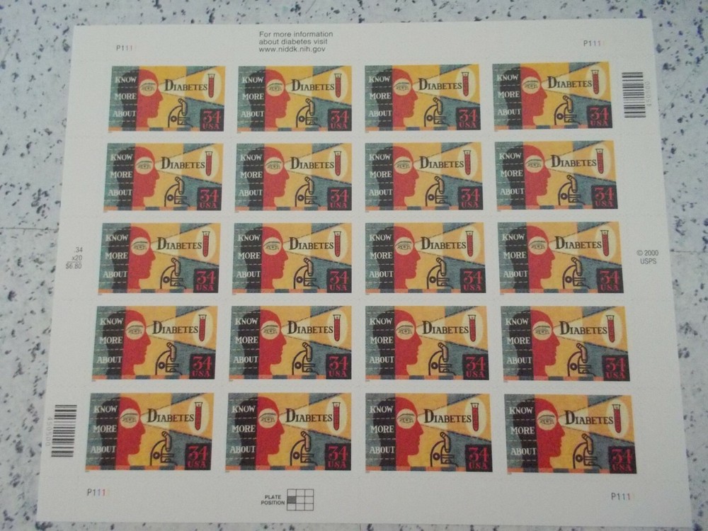 #3503 KNOW MORE AVOUT DIABETES 20 34 CENT STAMPS 2000/2001 MNH Free Shipping