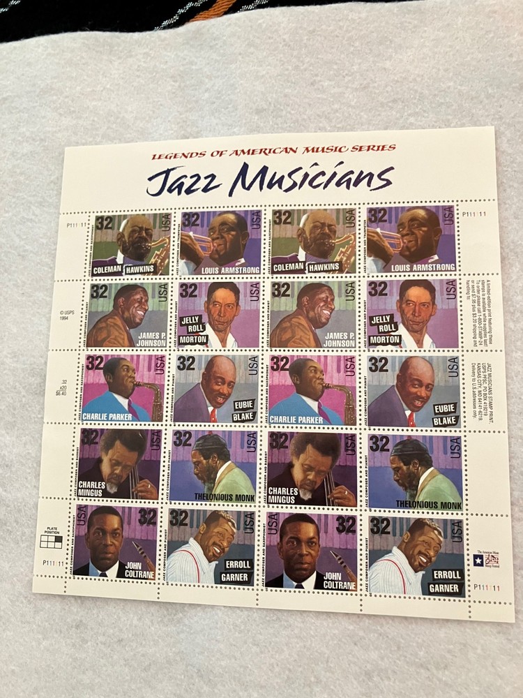 USPS POSTAGE Legends Of American JAZZ MUSICIANS STAMPS Page SHEET OF 20 UNUSED