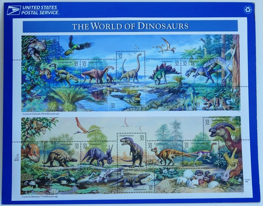 United States 32¢ Dinosaurs Postage Stamps, Single Full Sheet 1996