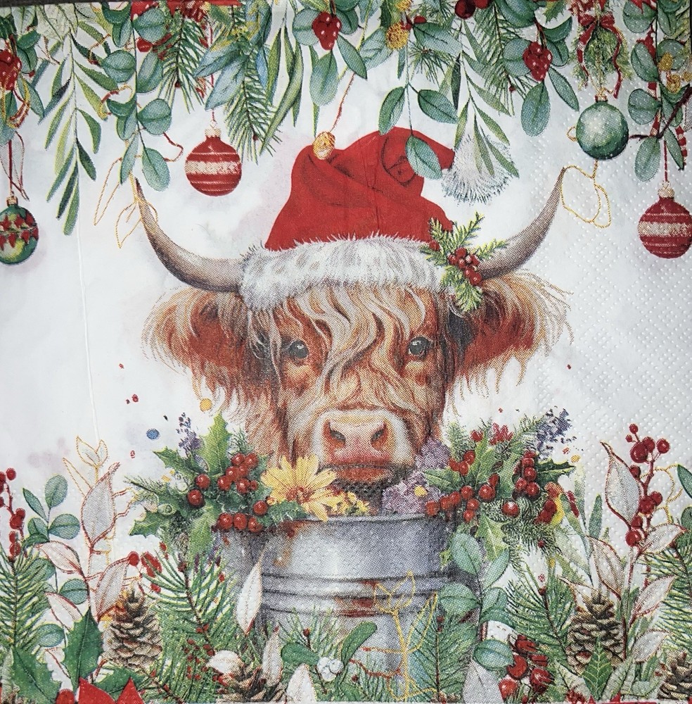 Three Paper Lunch Napkins Decoupage Christmas Highland Cow Santa/pine Cones 6.5”