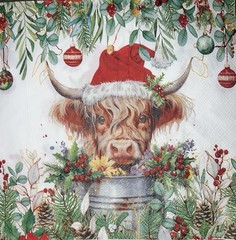 Three Paper Lunch Napkins Decoupage Christmas Highland Cow Santa/pine Cones 6.5”