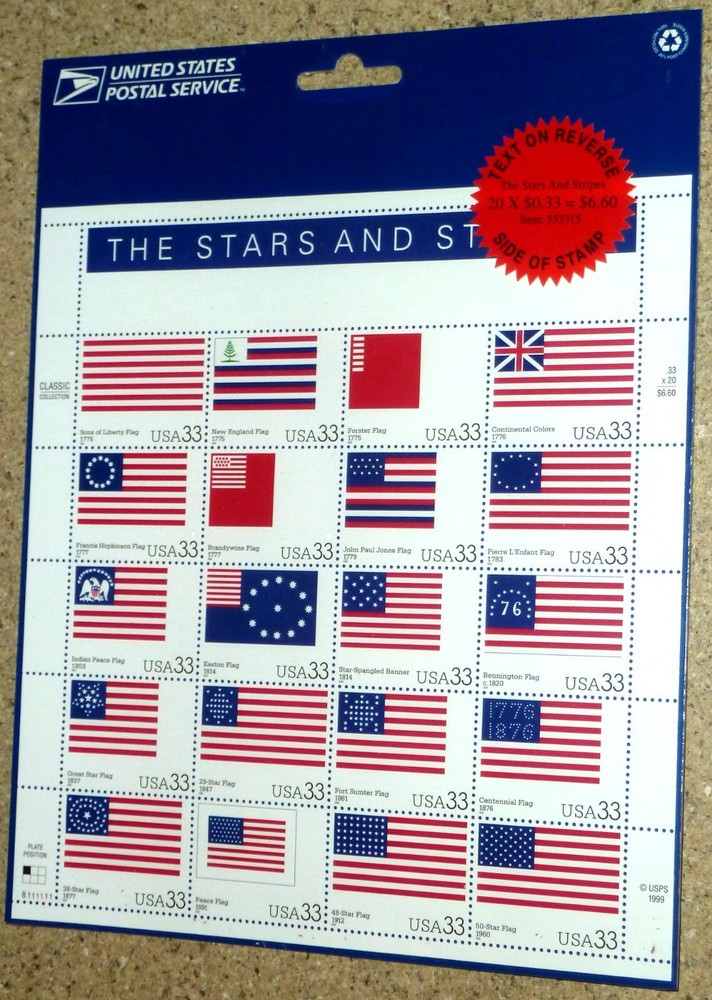 USPS 2000 Sheet of 20 «Stars & Stripes» 33¢ Stamps USA Scott 3403 MNH