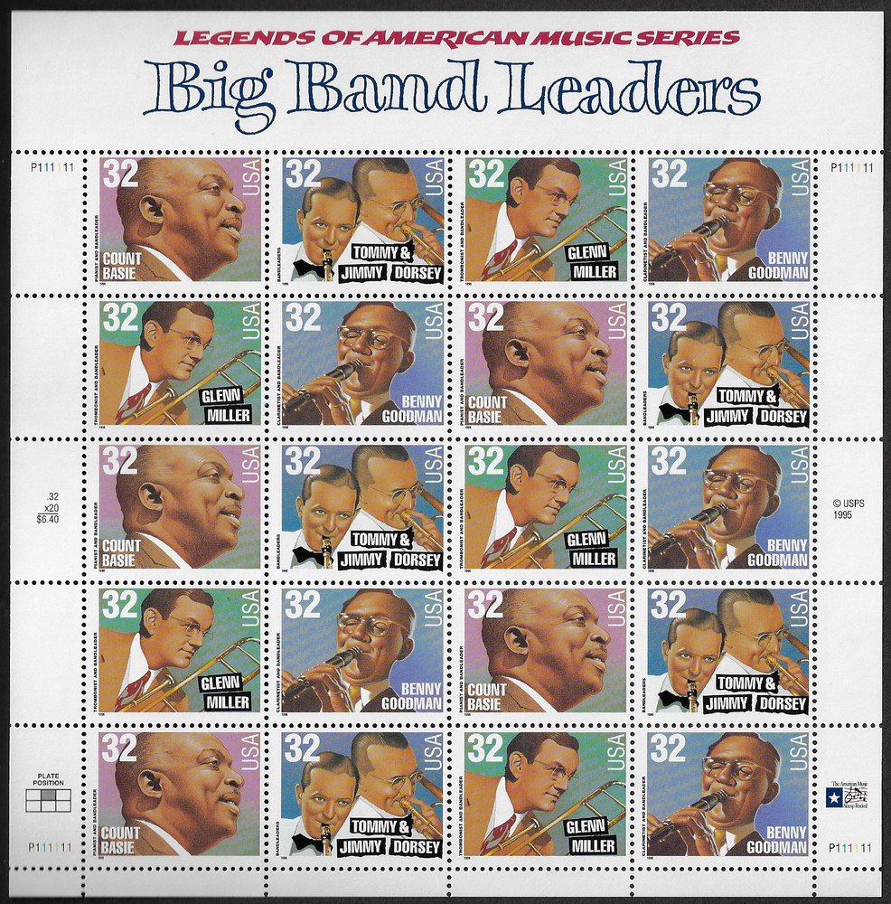 US Stamps, Full Pane of 20, Big Band Leaders, #3096-3099, MNH