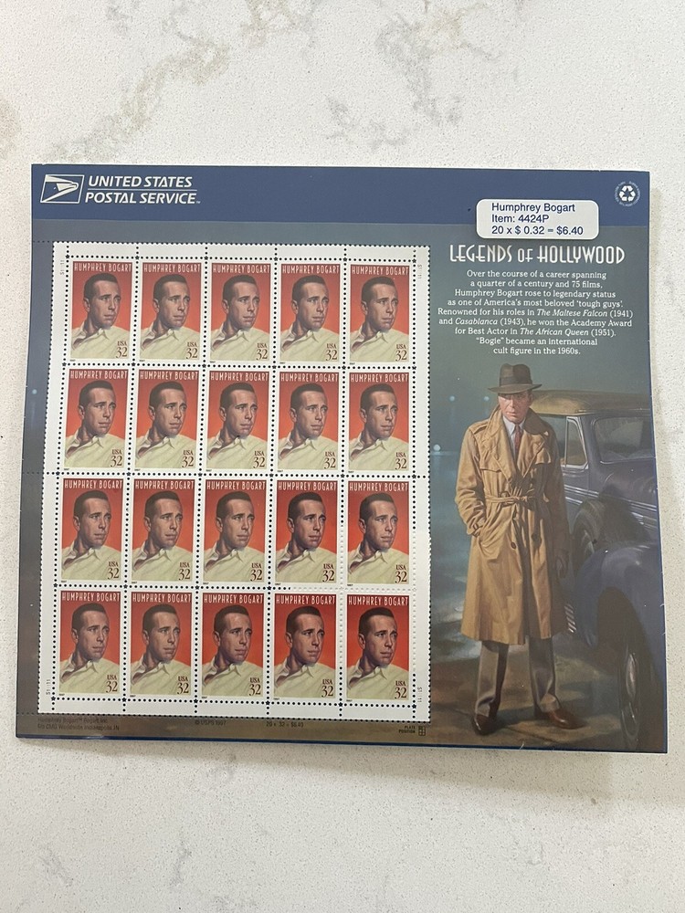 Legends Of Hollywood – Humphrey Bogart Stamps Full Sheet of 20 US Sealed 4424P