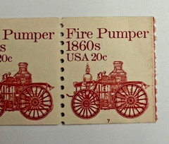 SCOTT #1908 FIRE PUMPER 1860s 20¢ – PL#7 – STRIP OF FOUR STAMPS – COLOR ERROR