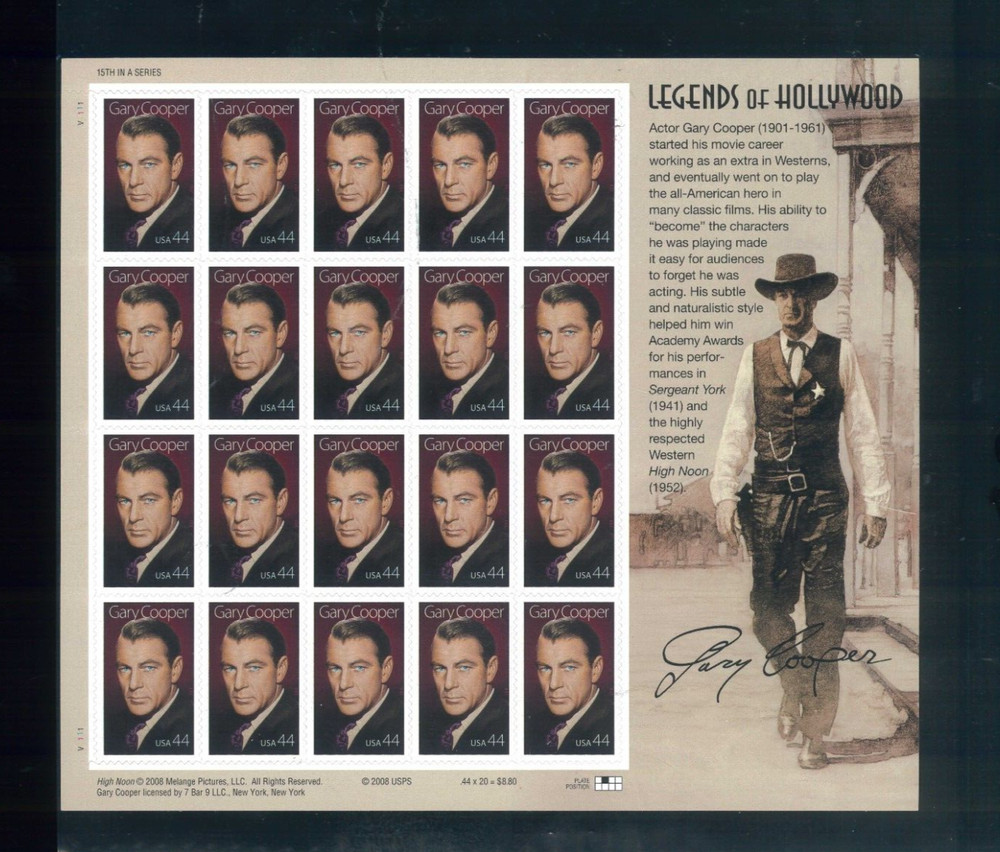 United States 44¢ Hollywood Star Gary Cooper Postage Stamp #4421 MNH Sheet