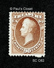 US TREASURY OFFICIAL STAMP SC O82 90¢ PERRY 1873 MNG UNPUNCH PERF@BOTTOM F/VF