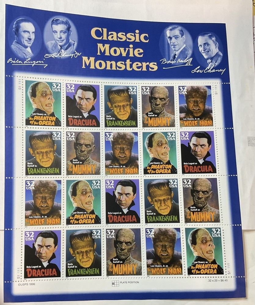 US Postage STAMPS 1997 Five Diff. Classic Movie Monsters 32c 20 stamps MNH
