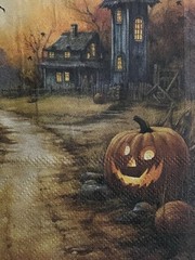 TWO Individual Lunch Napkins Decoupage Halloween Haunted Houses/pumpkins/ghost/