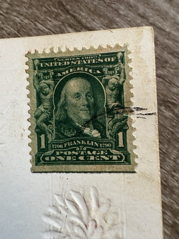 Benjamin Franklin 1706 1790 One Cent Rare Postage Stamp & Vintage Post Card