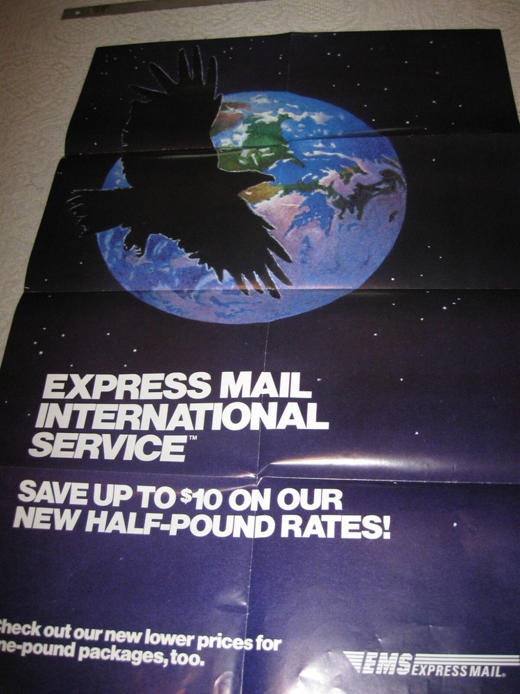 U S Stamp POSTER EXPRESS MAIL INTERNATIONAL SERVICE,1987, 24″ x 36″, ORIGINAL