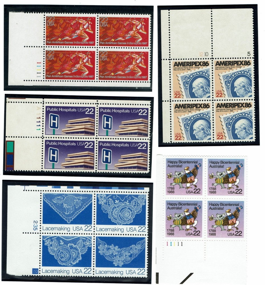 5 DIFFERENT 22c PLATE BLOCKS @ FACE VALUE – MNH