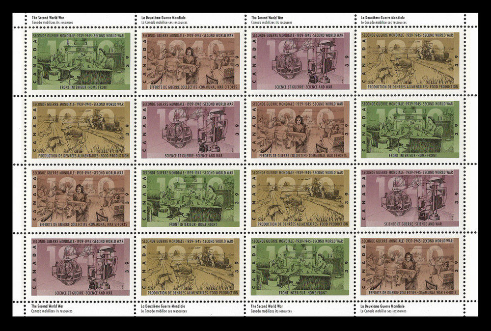 Canada Stamps – Full Pane of 16 – 1990, Second World War – 1940 #1298-1301 MNH