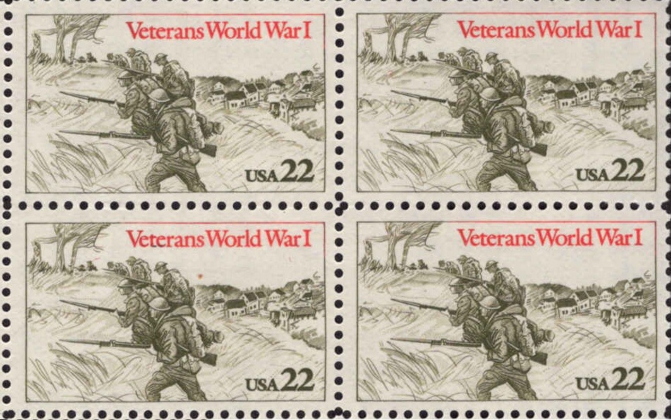 VETERANS WW I–Block of 4 Collectible Unused 1985 Stamps–FREE SHIPPING