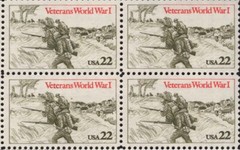 VETERANS WW I–Block of 4 Collectible Unused 1985 Stamps–FREE SHIPPING
