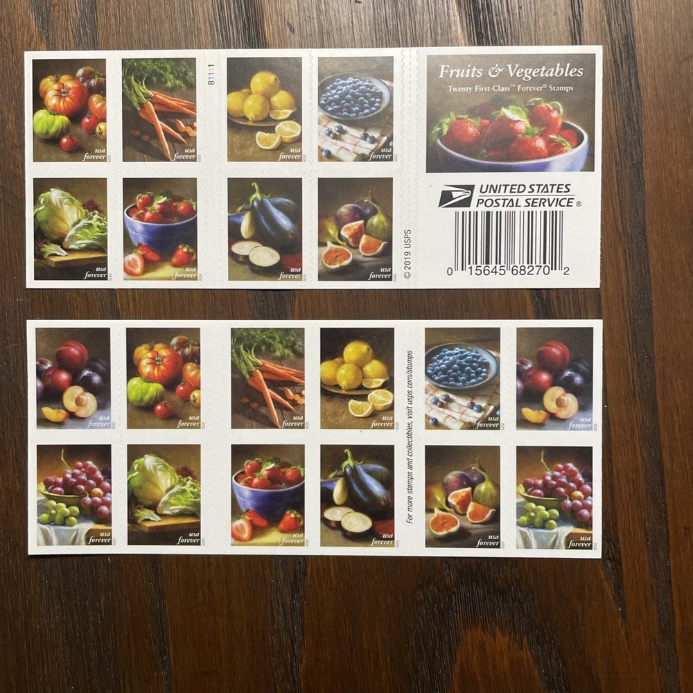 2020 Forever Postage Stamps Fruits and Vegetables Booklet of 20. Scott #5484-93