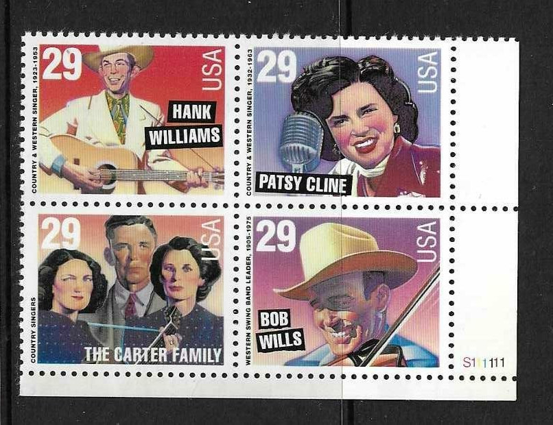 USA SC # 2774a Music Series ? Country & Western , BLK4 Plate number . MNH