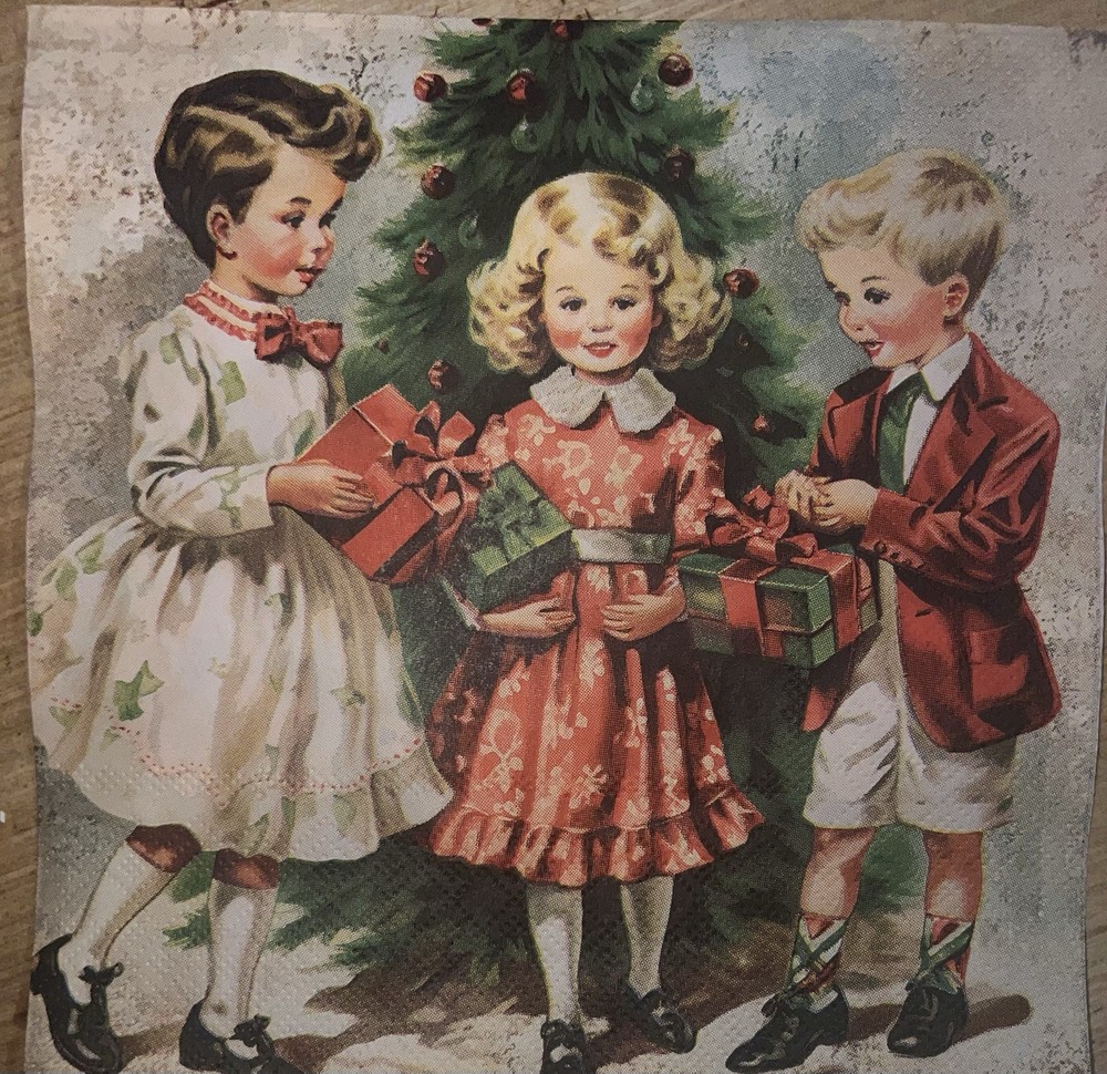 Three Paper Lunch Napkins Decoupage Christmas Vintage Children W/presents 6.5”
