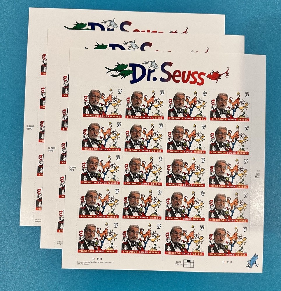 Dr. Seuss 3 Sheets Of 20 Postage Stamps 37 Cent 3835