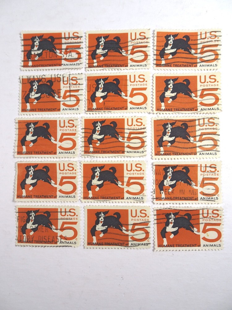 15 Vintage USA Cancelled Postage Stamps (1966) 5c DOGS Art Paper Crafts