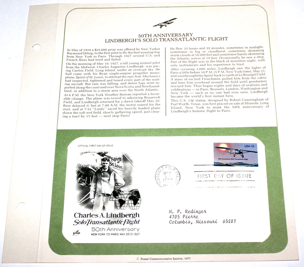 First Day of Issue Souvenir Page Lindbergh Solo Transatlantic Flight 1977 Stamp