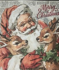 TWO Paper LUNCHEON Decoupage Napkins Reindeer Christmas SANTA Vintage Retro 6.5
