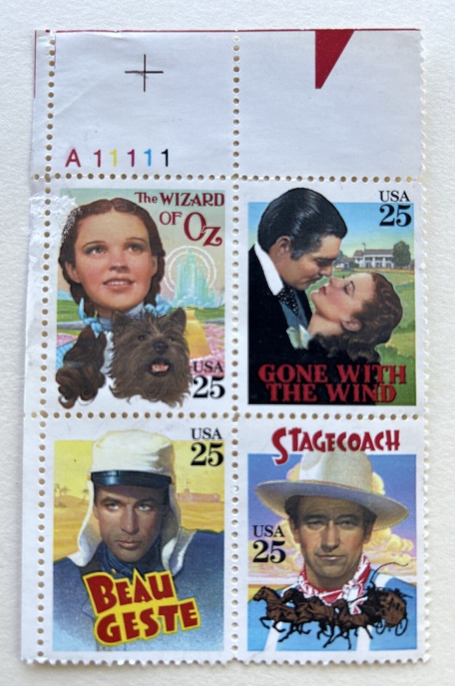 US 1990 SC 2448a 25¢ CLASSIC FILMS MNH/OG PLATE BLOCK 4 STAMPS