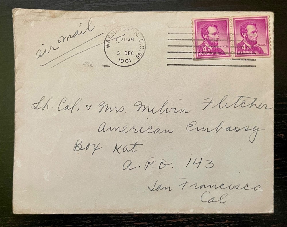 1961 USA Abraham Lincoln 4¢ Pair Airmail Cover – DC to American Embassy