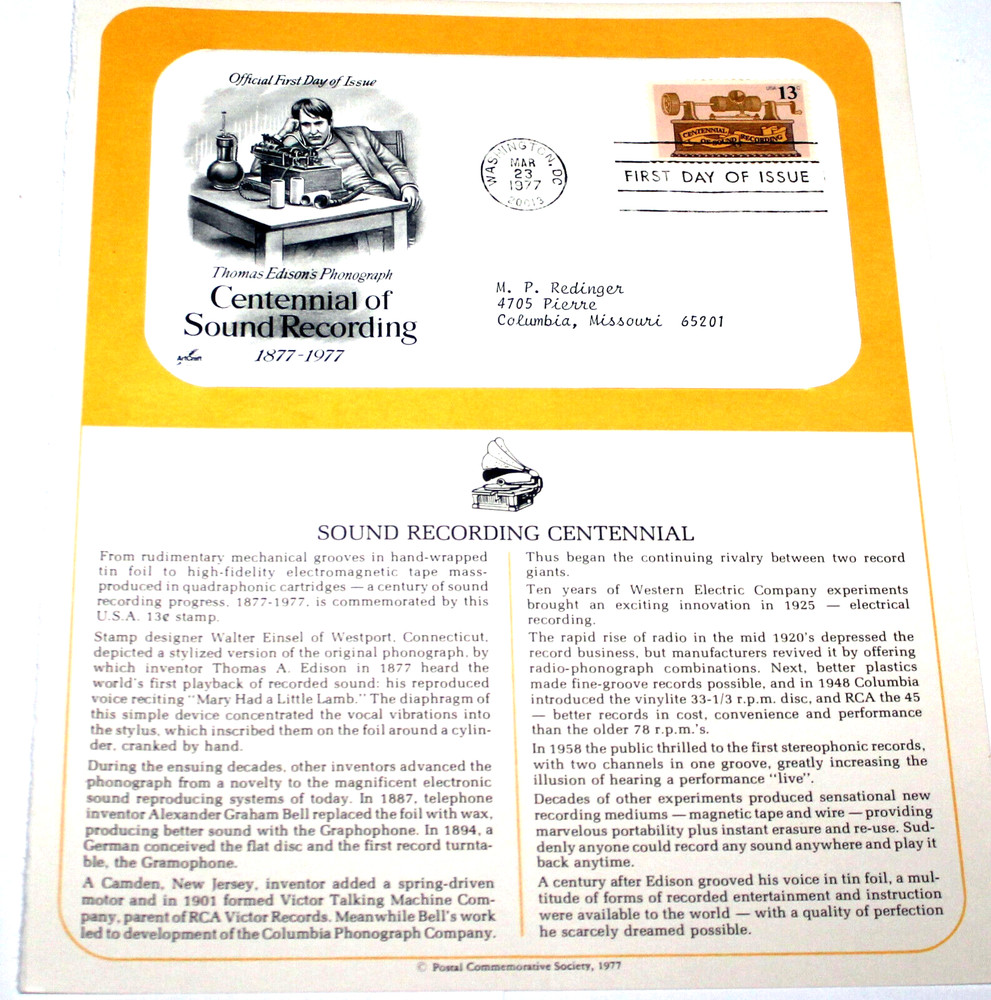 First Day of Issue Souvenir Page Sound Recording Centennial 1977 Stamp