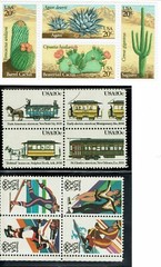 3 20c BLOCKS OF 4 @ FACE VALUE – SCOTT 1942-45, 2059-62, 2067-70 – MNH