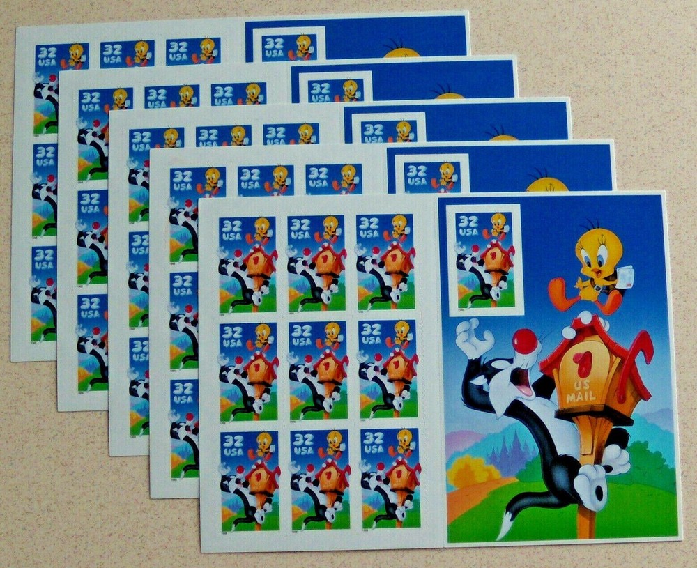Five Sheets x 10 = 50 of Looney Tunes SYLVESTER & TWEETY 32¢ US Stamps USA #3204